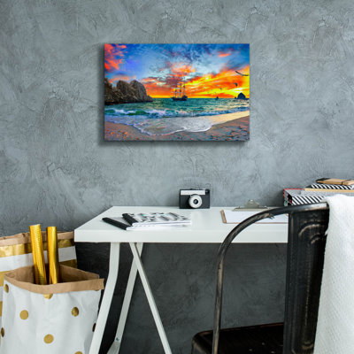 «Pirate Ship Sailing into Sunset» par Ezra Tanner, art mural sur toile