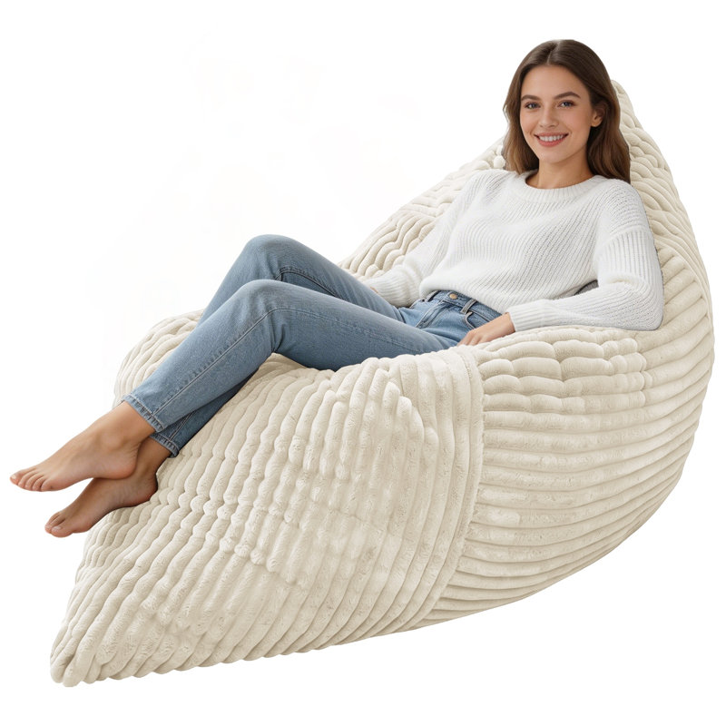 Fauteuil à billes surdimensionné avec design multifonctionnel 3-en-1, Velours côtelé blanc, White