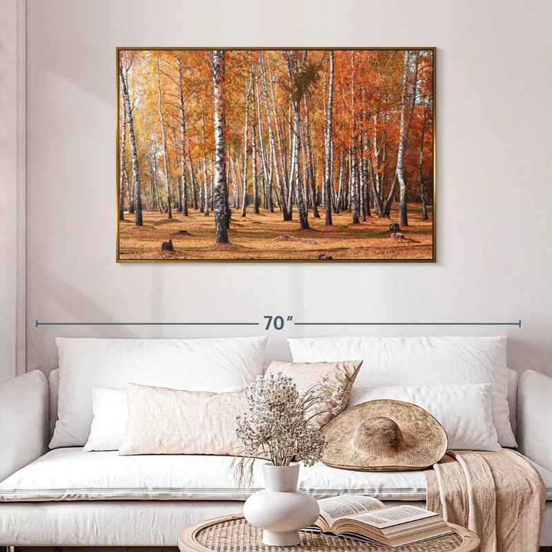 Forêt de bouleaux en automne, 46 po x 31 po, Cadre flottant doré