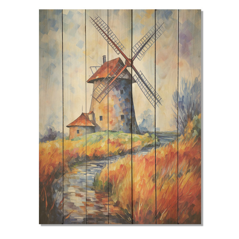 Fauvist Windmill Meadows II - Éoliennes sur bois, H 20 po x l 10 po