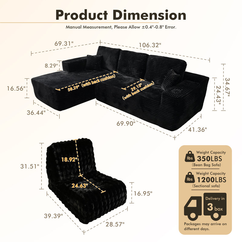 3-Piece Living Room Furniture, Modern Soft Foam Livingroom Sofa Set,  L-Shaped Sectional Couch And Armless Bean Bag Chair Lounger, No Assembly Required