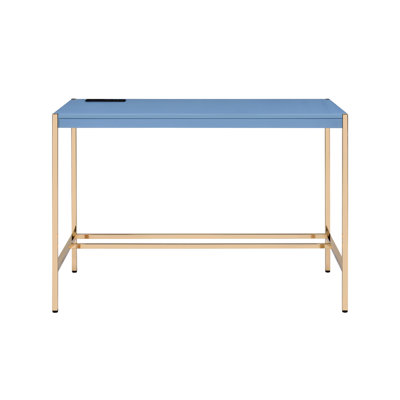 Navy Blue And Gold Office Desk With Ports Electrical Outlet Capabilities For Business Rectangular Convenient Outlets