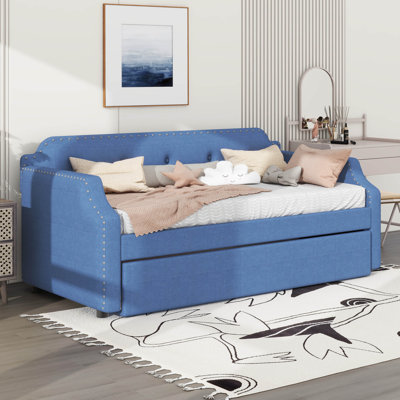 Twin Upholstered Daybed with Trundle, Linen Fabric Sofa Bed with Nailhead Trim, Wood Slat Support for Guest Room,Blue