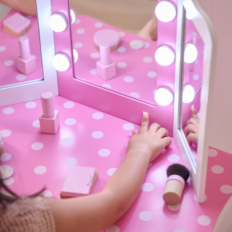 Teamson Kids Vanity Set, LED Mirror & Stool, Engineered Wood, White/Pink, Gisele