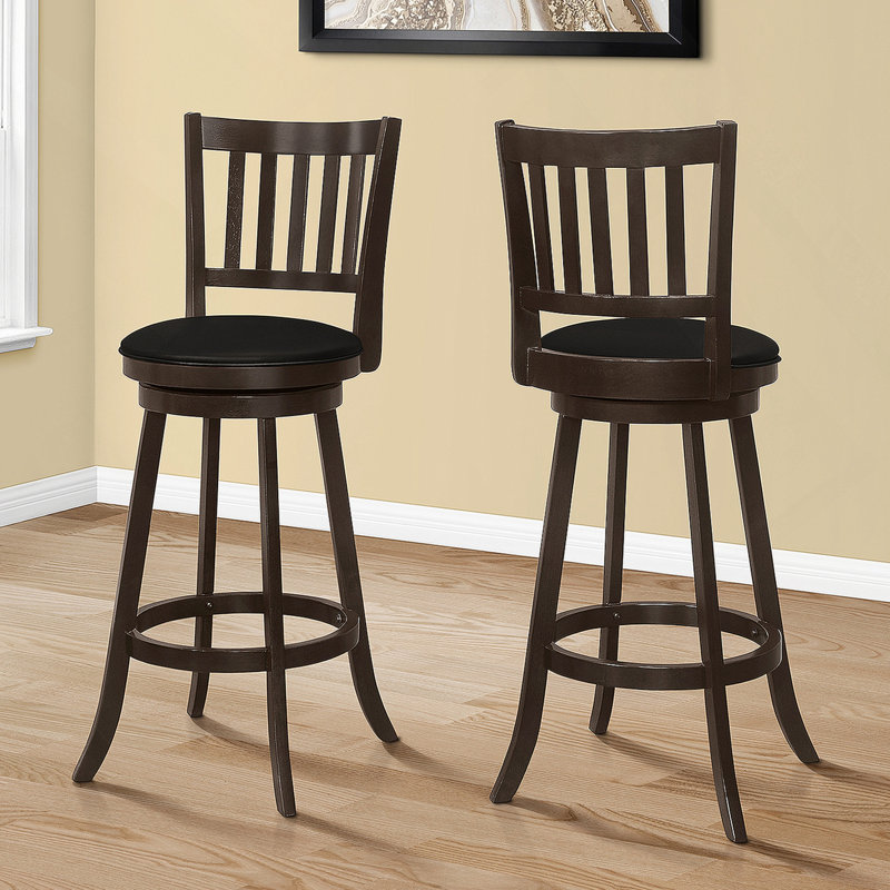 Tabouret de bar, ensemble de 2, pivotant, hauteur de bar, bois brun, aspect cuir noir, transitionnel