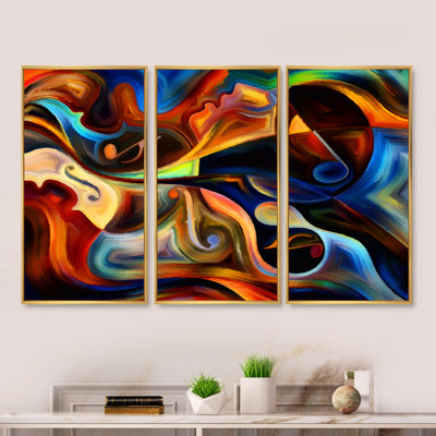 Bleu, orange et jaune sur fond noir, ensemble d'art moderne sur toile encadrée moderne