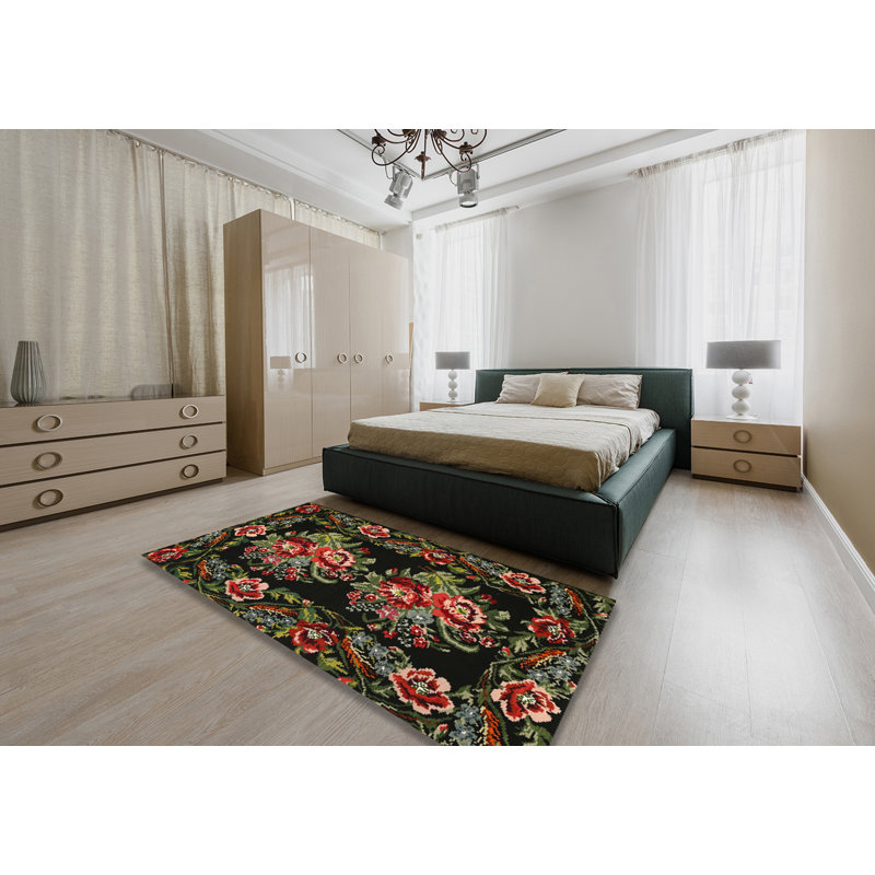 Tapis traditionnel noir / vert / rouge, Rectangle 5 pi x 7 pi