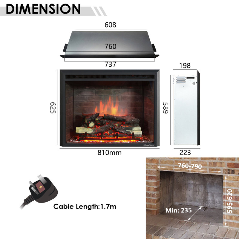 WEMBURY FLAMME Black Electric Fireplace Insert, 63cm H x 81cm W x 22cm D