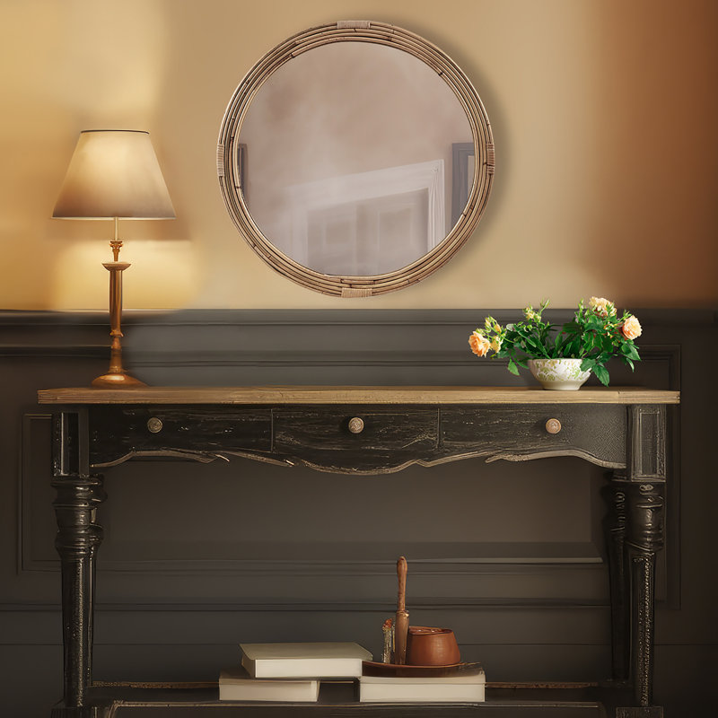 Natural Rattan Round Wall Mirror with Gold Finish