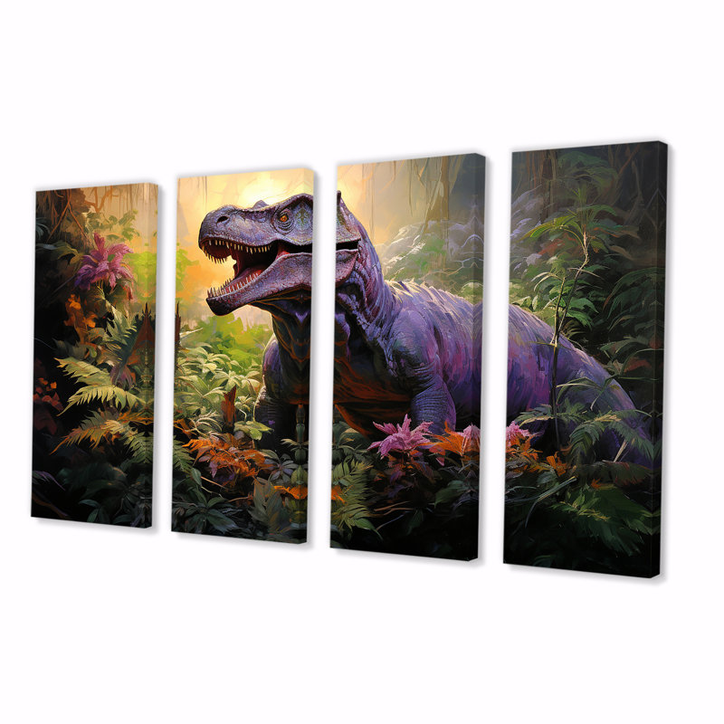 Dinosaure préhistorique dans la jungle - ensemble d'art mural 4 pièces, H 28 po x l 48 po