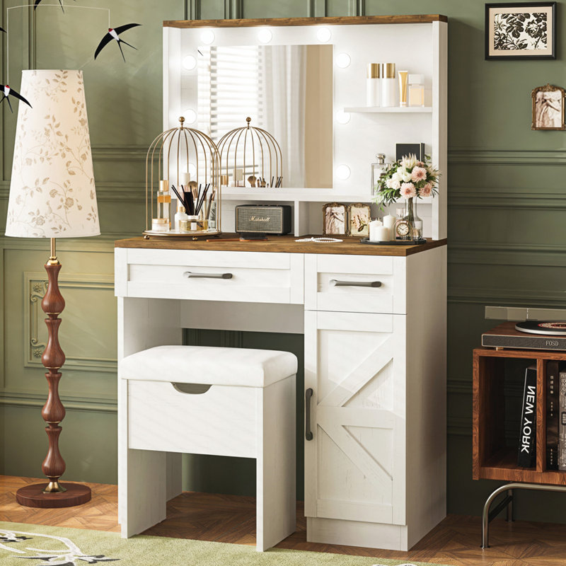 Bureau de coiffeuse de maquillage de ferme avec miroir, lumières, tabouret et tablettes réglables pour un décor de chambre à coucher rustique