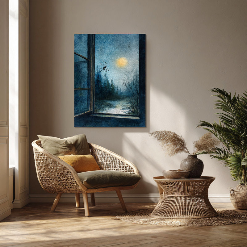 «Spider on Open Window Snowy Forest Moonlit Night» - Art mural sur toile tendue - Décoration de salon, de chambre à coucher ou de bureau