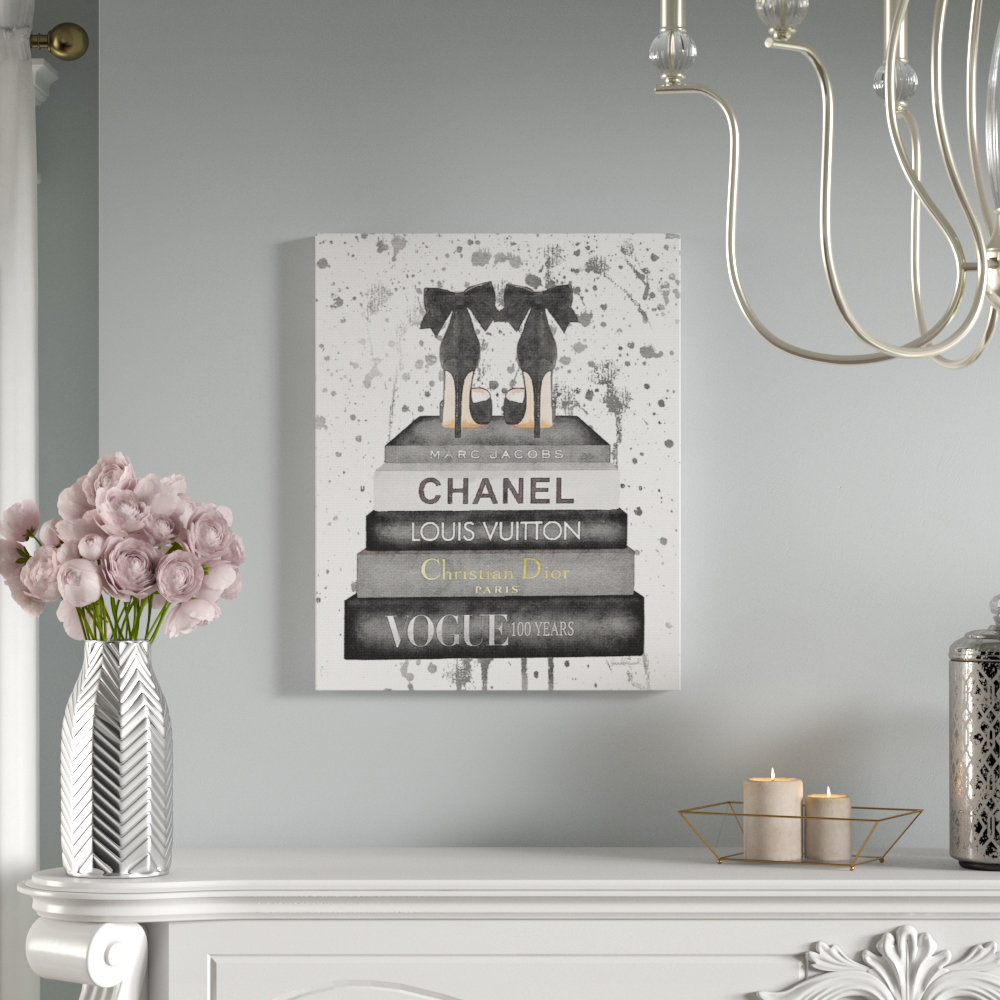 Stupell Industries Elegant Black Bow Heals on Glam Designer Bookstack Wall Art, 10 x 15, White
