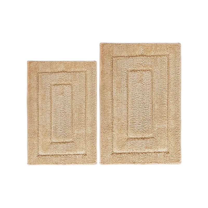 2 Piece Bordered Box Plush Soft Cozy 100% Polyester Bath Mat Set, Beige