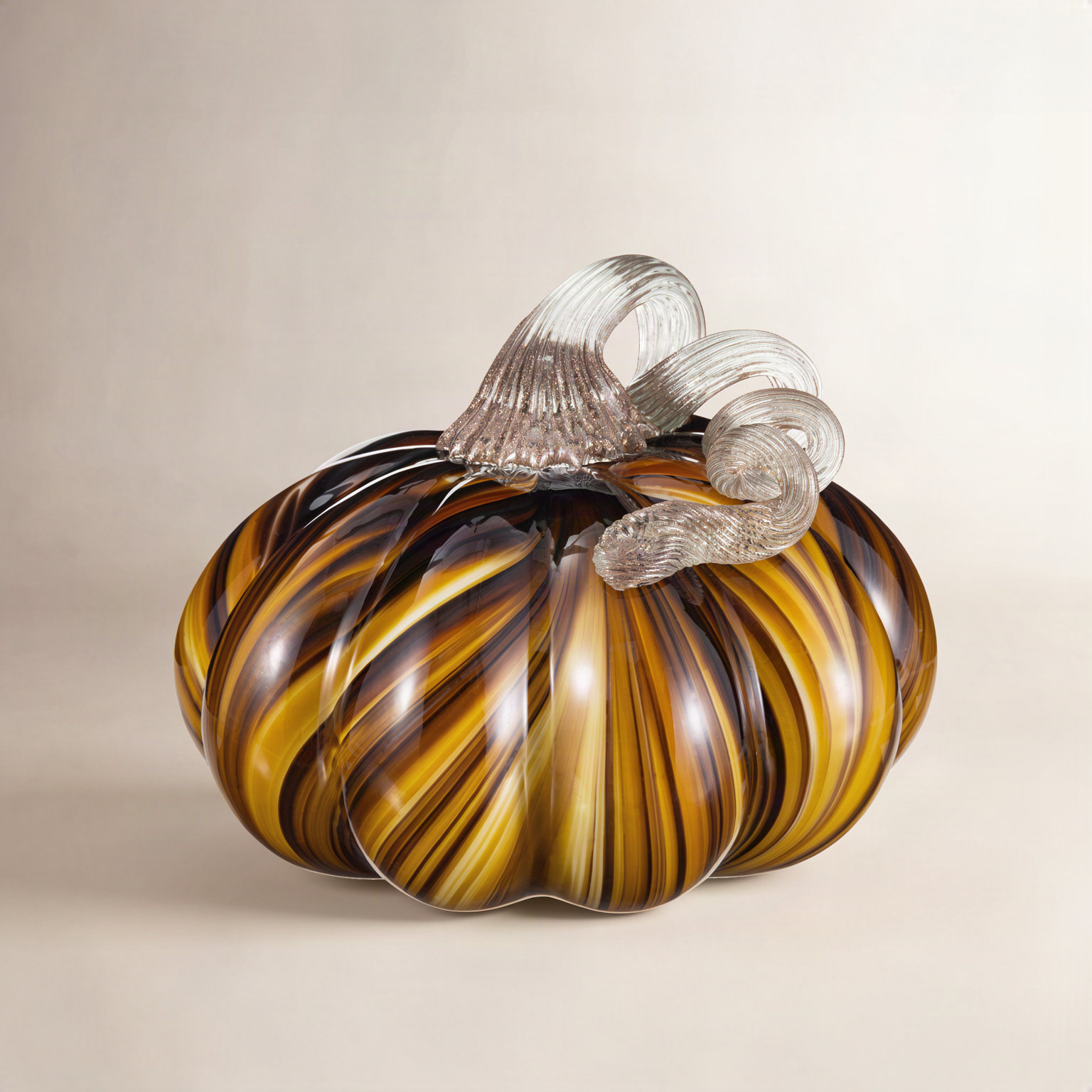 5.75"D X 4.75"H Multi Brown Striped Glass Pumpkin, Brown