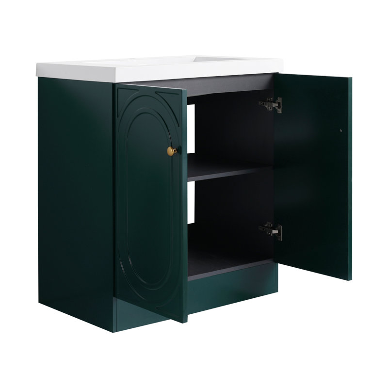 Meuble-lavabo autoportant avec lavabo en résine et 2 portes d'armoire, meuble-lavabo, Vert foncé, Or