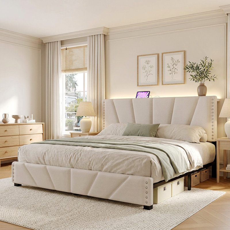 Lit plateforme de rangement en velours, format King, avec tête de lit réglable en hauteur, éclairage DEL, station de recharge et espace de rangement sous le lit de 30 cm (11,8 po). Sommier non requis.