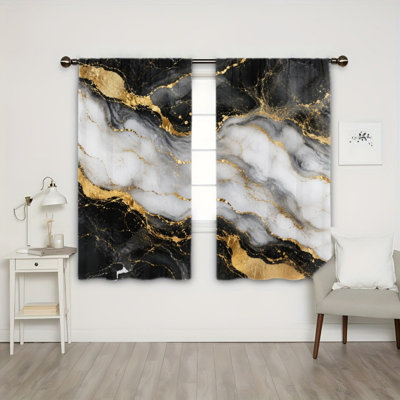 2 pièces de rideaux filtrant la lumière de style marbré luxueux avec motif veiné noir doré, maison chic moderne, conception de poche à tringle facile à suspendre, décoration de dortoir pour chambre à coucher toutes saisons