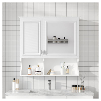 Armoire à pharmacie murale blanche de 30 pouces avec miroir et tablettes ouvertes, fabrication en bois massif et panneau de fibres à densité moyenne