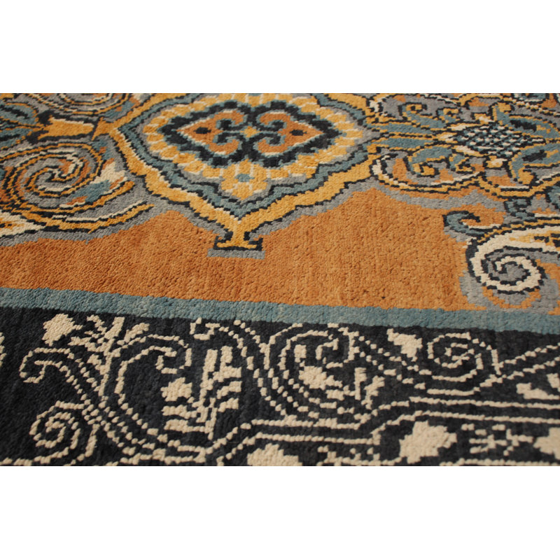 Tapis de bois one-of-kind-noué la 2010 ushak jaune/gris 10 pi 3 po x 13 pi en laine de 10 po Malene