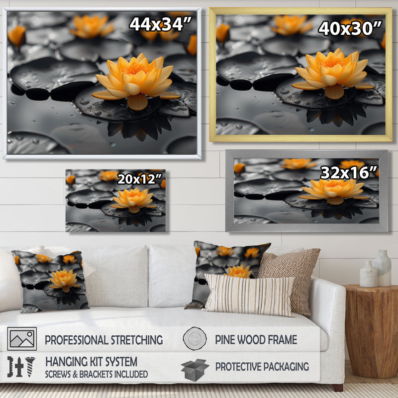 Photo de lotus glamour jaune et jaune, H 12 po x l 20 po, Cadre flottant brun