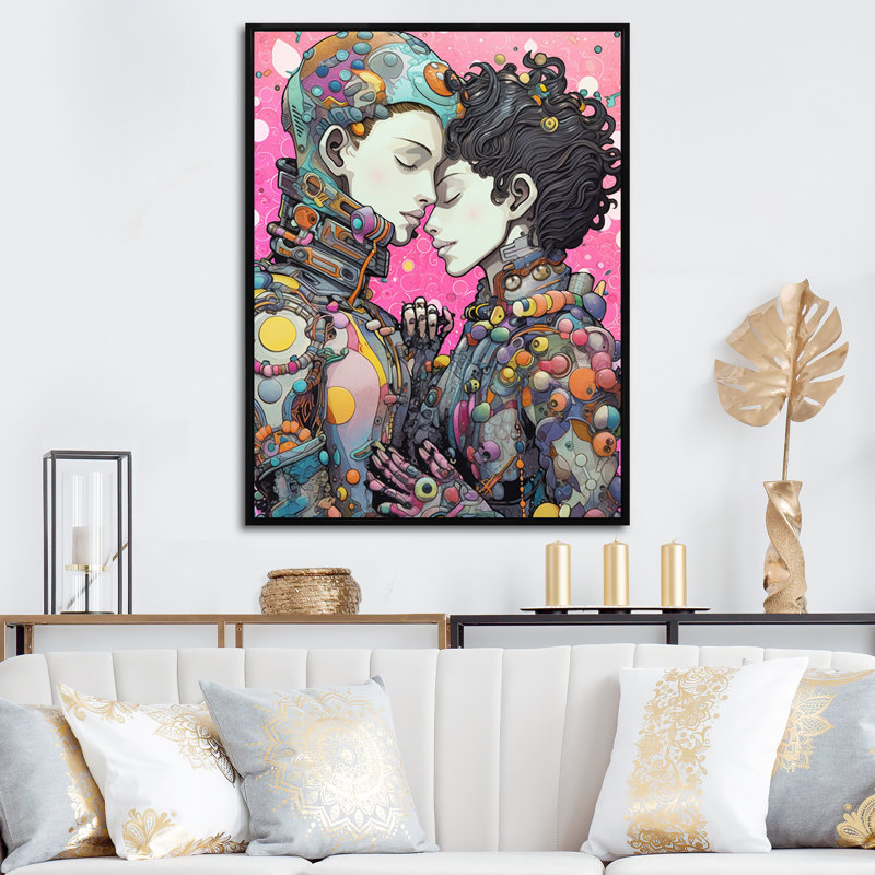 Charmants Robots célébrant l'amour rétro I - impression, H 44 po x l 34 po x P 1,5 po, Cadre flottant noir