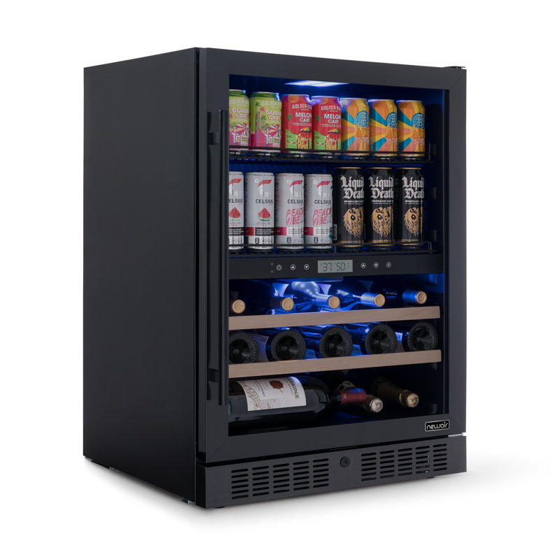 Réfrigérateur à vin et à boissons Newair, 24 bouteilles et 100 canettes, deux zones, acier inoxydable noir