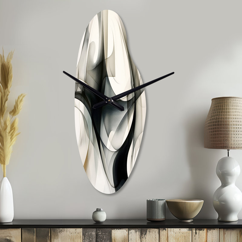 Nubine abstraite neutre - horloge géométrique asymétrique en métal, horloge murale incurvée noire, Grand