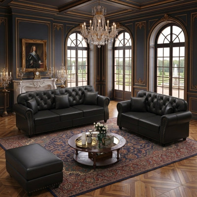 Canapé Chesterfield de style Mid-Century moderne avec garniture cloutée et 5 coussins