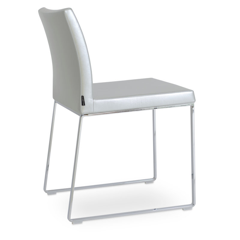 Aria Metal Upholstered Back Dining Chair, Light Gray Leatherette, Chrome
