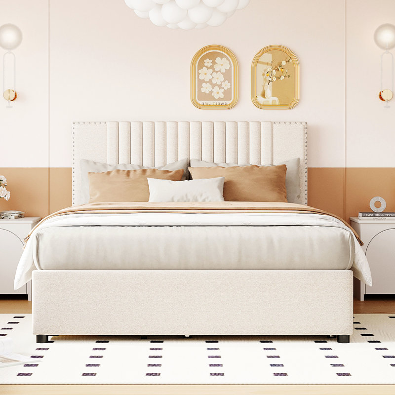 Lit tapissier double avec lit gigogne à 2 places, tête de lit classique, stable et contreplaqué, espace de rangement accru, assemblage sans effort en beige, structure en bois robuste à 2 tiroirs, espace pour la chambre à coucher,