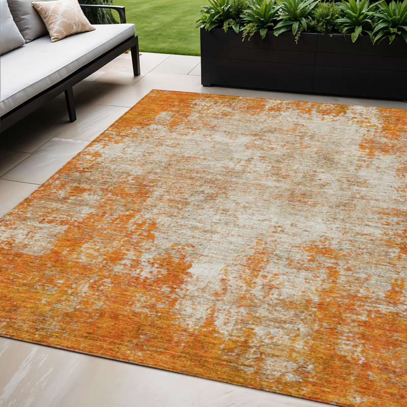 Tapis extérieur lavable abstrait orange et ivoire 5 pi x 8 pi