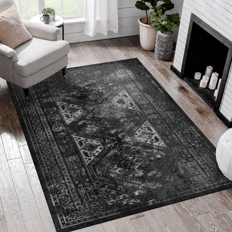 Area Rug, Black Washable Rug (Black+Gray), Rectangle 5' x 8'