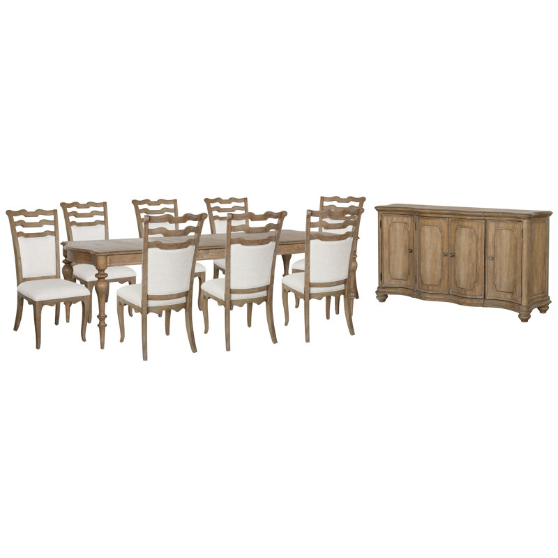 Jacquenette Leg Dining Table With 8 Side Chairs And Buffet, 10 Pcs: Table, 8 Chairs, Buffet