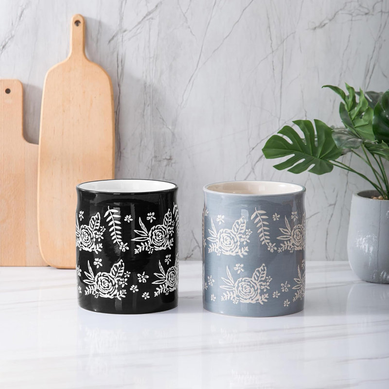 Black Floral Porcelain Cylinder Utensil Crock