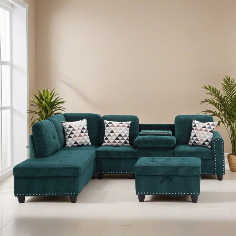 3 - Piece Upholstered Sectional, Green Corduroy