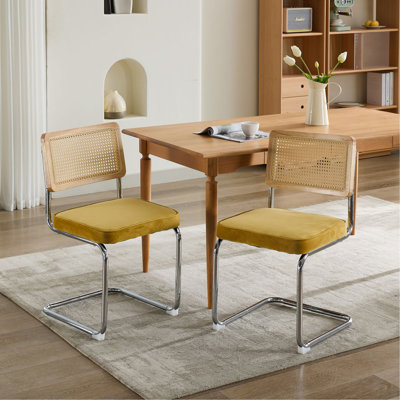 Mid Century Modern Dining Chairs Set Of 2, Velvet Accent Chairs With Natural Cane Back & Stainless Chrome Base, Famous Breuer Designed Chairs, Upholstered Rattan Kitchen Chairs,Golden