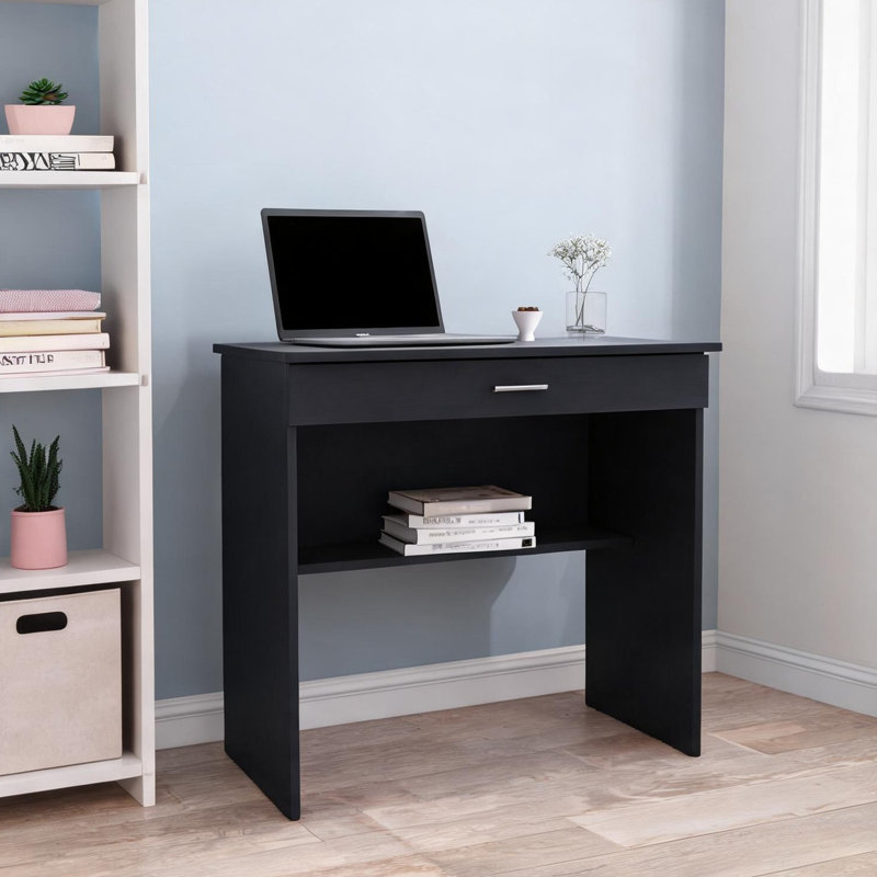 Bureau 80 po avec tiroir et tablette, poste de travail compact en bois d'ingénierie noir mat