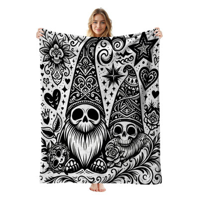JYK Halloween Flannel Fleece Twin Blanket, Lightweight, Breathable, Soft Cozy Warm Plush Microfiber, 60"x80",  Skull Gnomes Hearts