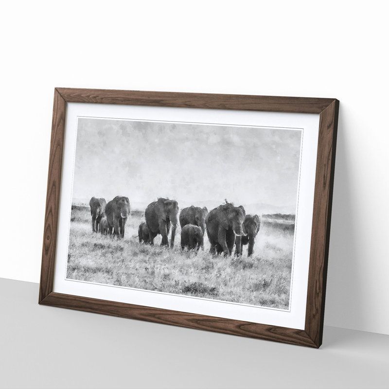 Herd of Elephants Roaming - Framed Print, 33cm H x 45cm W x 2cm D, Walnut Framed