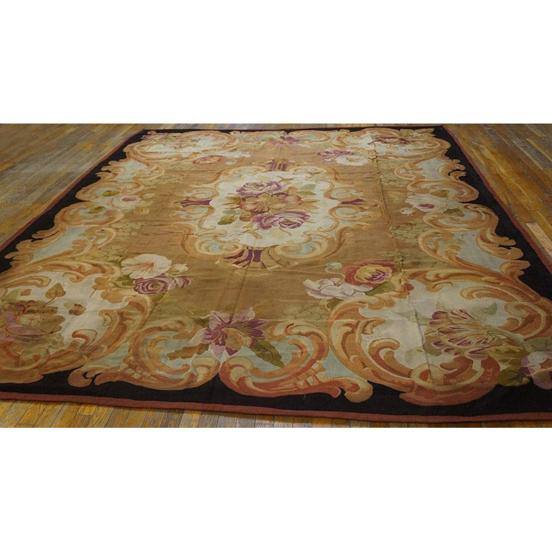 Tapis d'Aubusson ancien français à médaillon floral brun, style Louis-Philippe, années 1850, en laine, 2,69 m x 3,30 m.