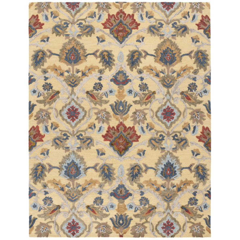 Haimes Hand Tufted Wool Floral Rug, Rectangle 8' x 10', Gold/Navy