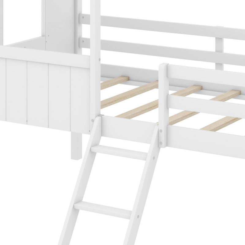 Emera Low Loft House Bed With Guardrails, White/Gray