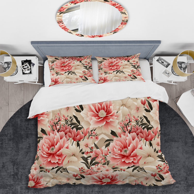 Rose floral pivoine délicatesse - ensemble de housse de couette floral - microfibre de polyester