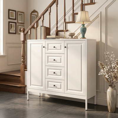 40.16'' Storage Sideboard Buffet Cabinet, Steel Accent Console with 4 Drawers and Adjustable Shelves, Beige