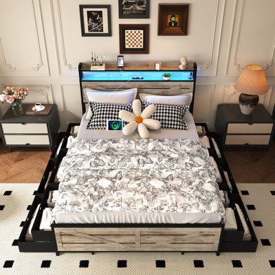 Size Bed Frame In Gray With Metal Structure, 12 Drawers For Bedding Accessories, Led Lights And Charging Station Bedroom Slip Platform, Storage Headboard, Daily Items Integrated Lighting