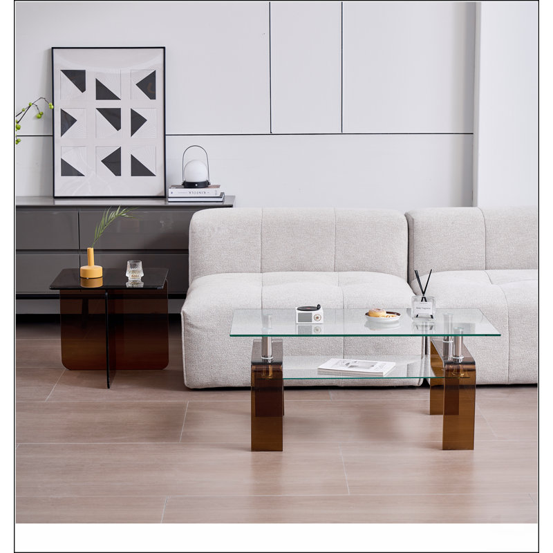 Tempered Glass Coffee Table, Modern Glass Coffee Table for Living Room, 2-Tier Storage Centre Coffee Table with Legs
