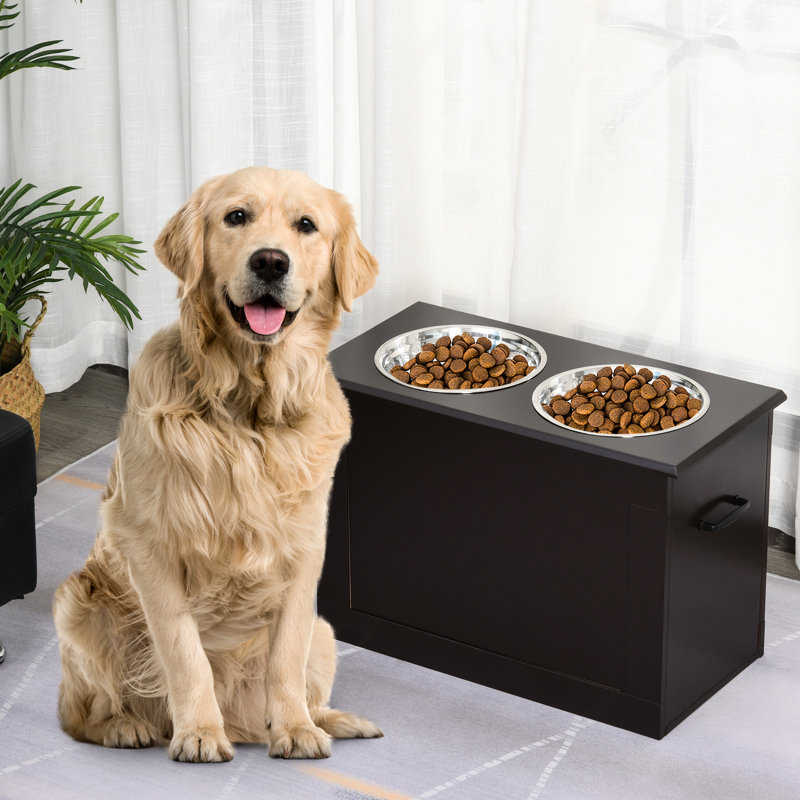 Grande structure d'alimentation surélevée pour animaux de compagnie avec 2 bols en acier, brun foncé - soulage le stress de la colonne vertébrale et des articulations, pratique pour se déplacer, l'unité de rangement des bols en acier inoxydable réduit le stress sur les articulations des animaux,