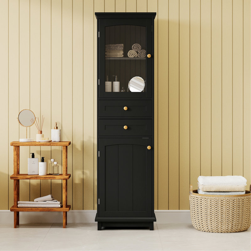 Armoire de rangement élégante pour salle de bain, armoire de rangement haute avec portes en verre, armoire de salle de bain autoportante avec tiroirs et tablettes réglables