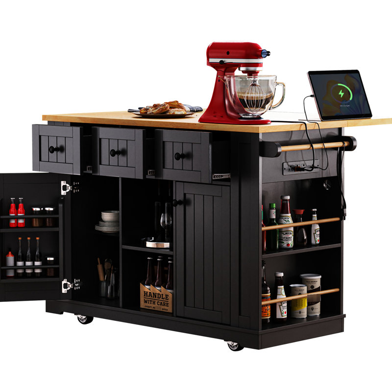 Large Kitchen Island With Power Outlet And Storage, 53Inch Countertop, 2 Doors, 3 Drawers, Black Rolling Internal Lockable Wheels, For Office Use